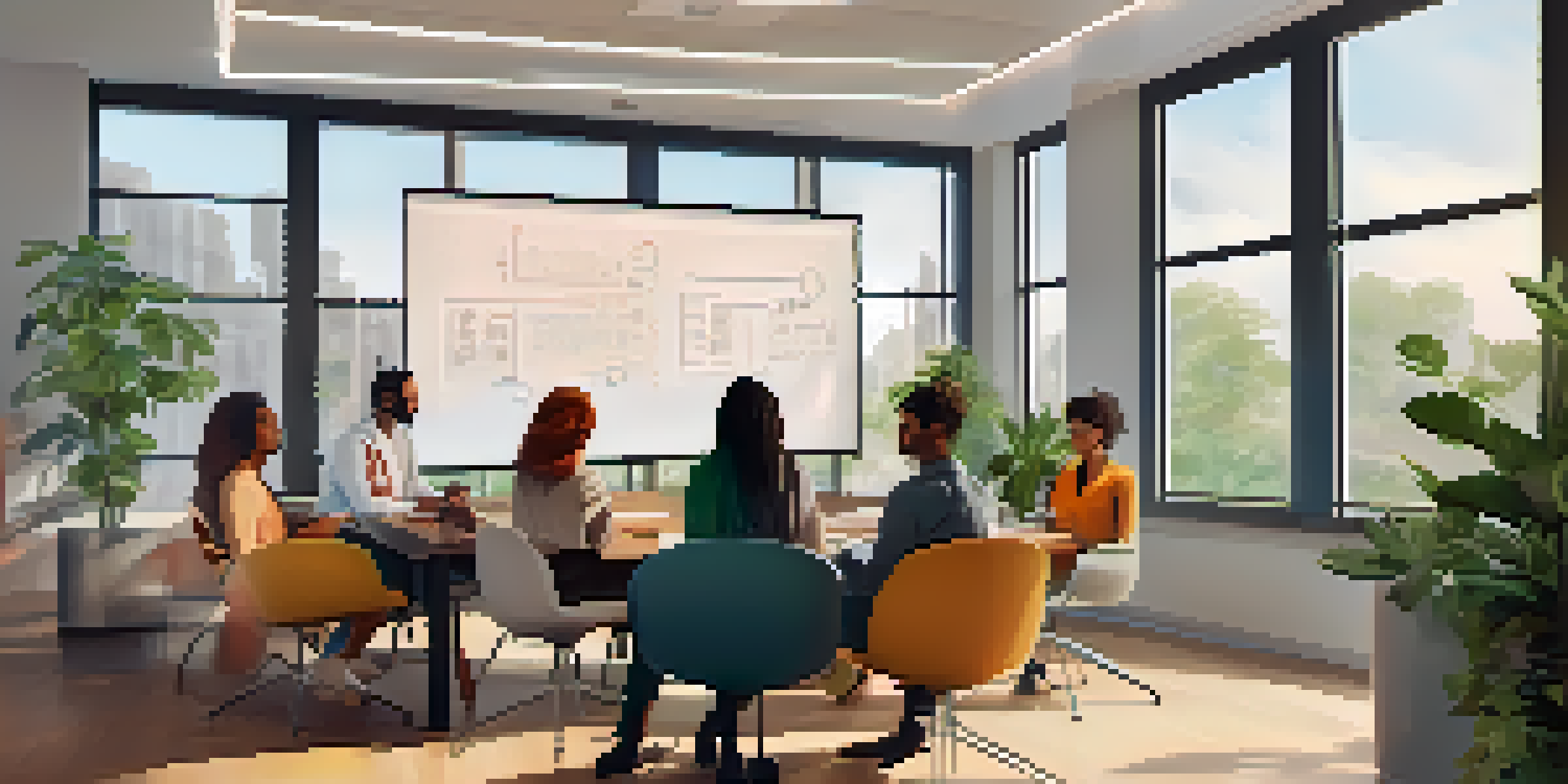 A diverse group of professionals in a bright office meeting, demonstrating teamwork and emotional intelligence.