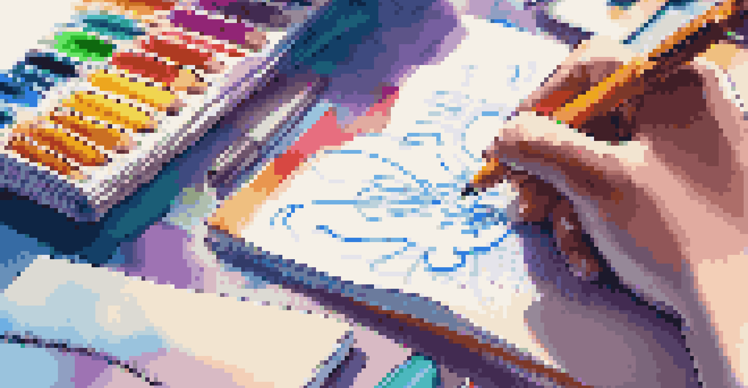 A close-up of a hand writing on a notepad, surrounded by colorful pens and a vibrant workspace in the background.
