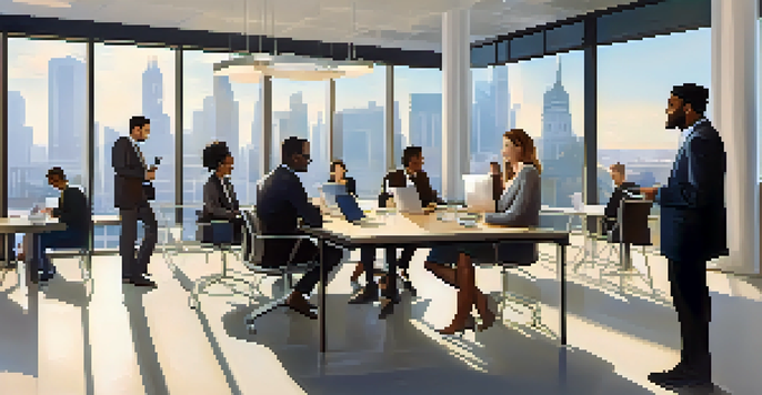 A diverse group of professionals networking in a modern office, engaging in conversations with laptops and digital devices around them.