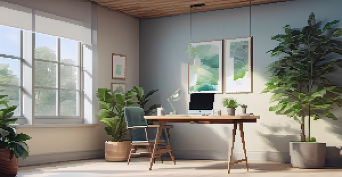 A bright and serene office space with a wooden desk, laptop, and plants, showcasing a calming color palette.