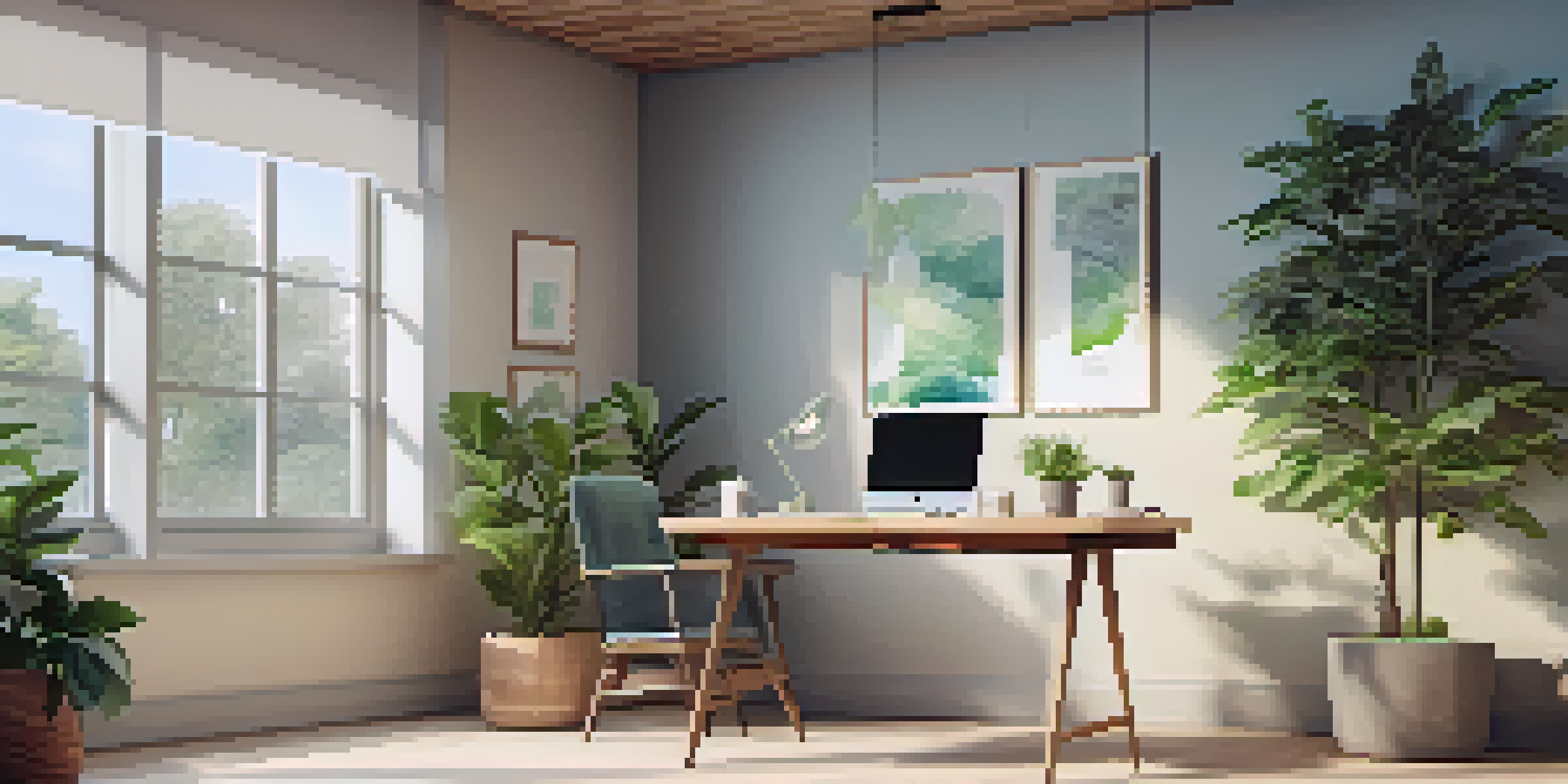 A bright and serene office space with a wooden desk, laptop, and plants, showcasing a calming color palette.