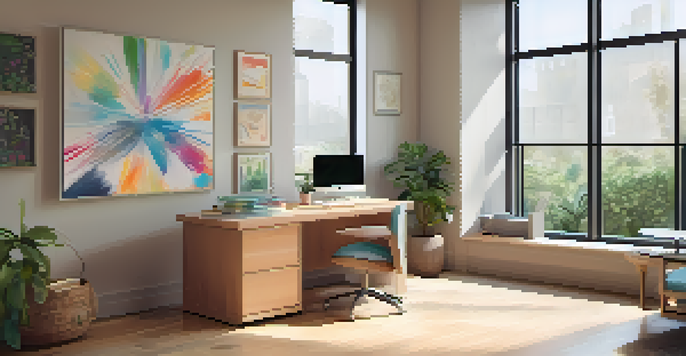 A bright and organized office space with a laptop and stationery, overlooking a garden, representing remote work adaptability.
