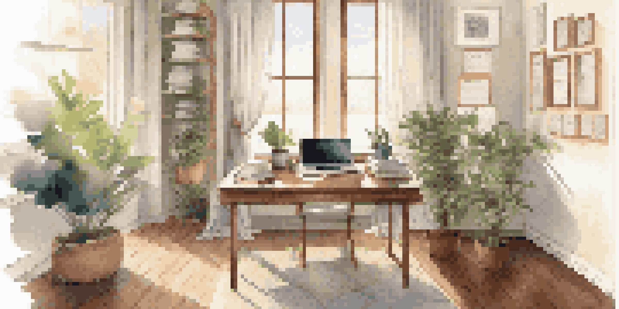 A bright and calming office workspace featuring a wooden desk with a laptop, notes, and a potted plant, illuminated by natural light through a window.