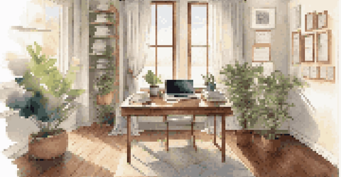 A bright and calming office workspace featuring a wooden desk with a laptop, notes, and a potted plant, illuminated by natural light through a window.