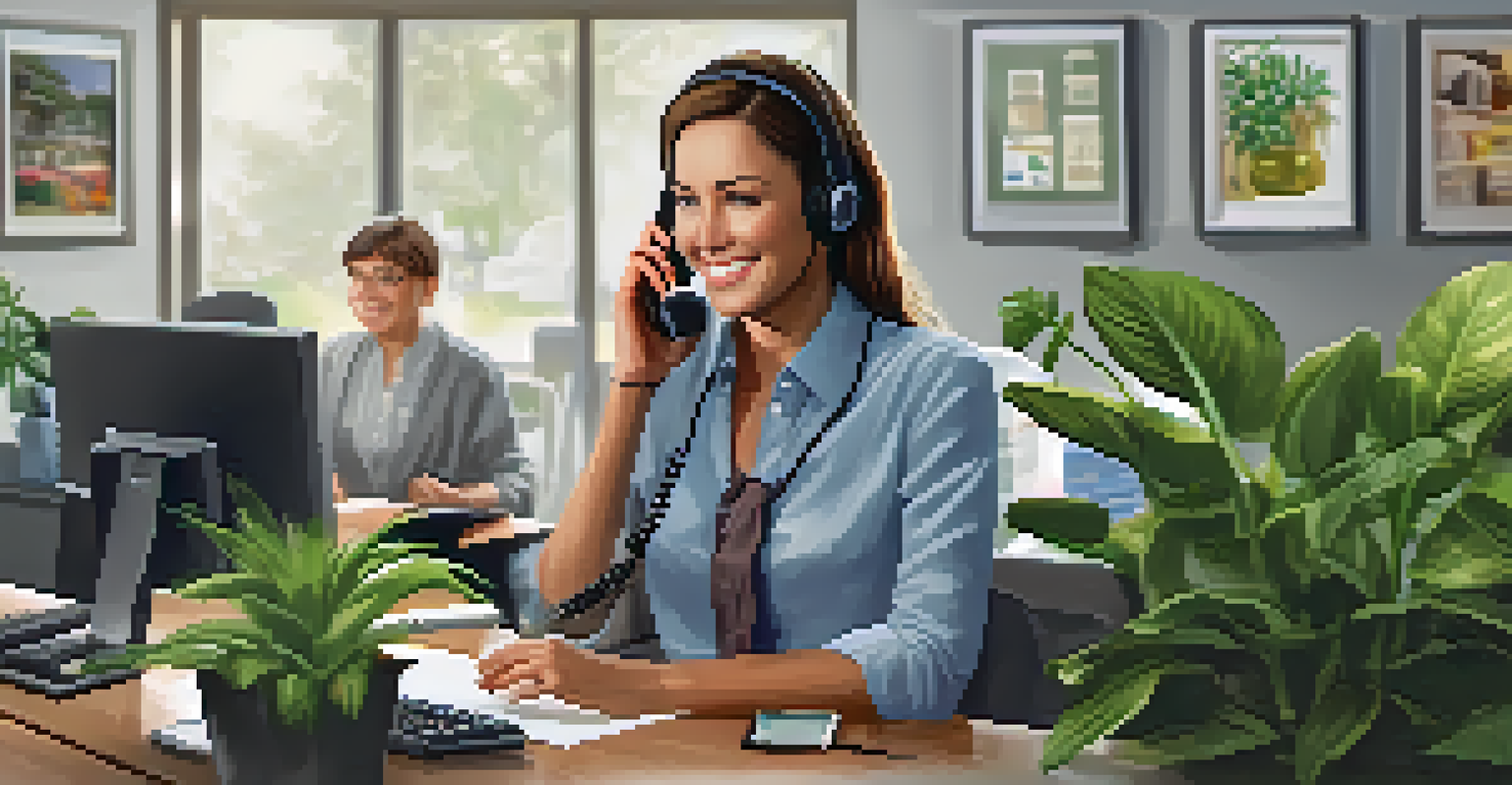 A smiling customer service representative assisting a client over the phone in a cozy office setting.