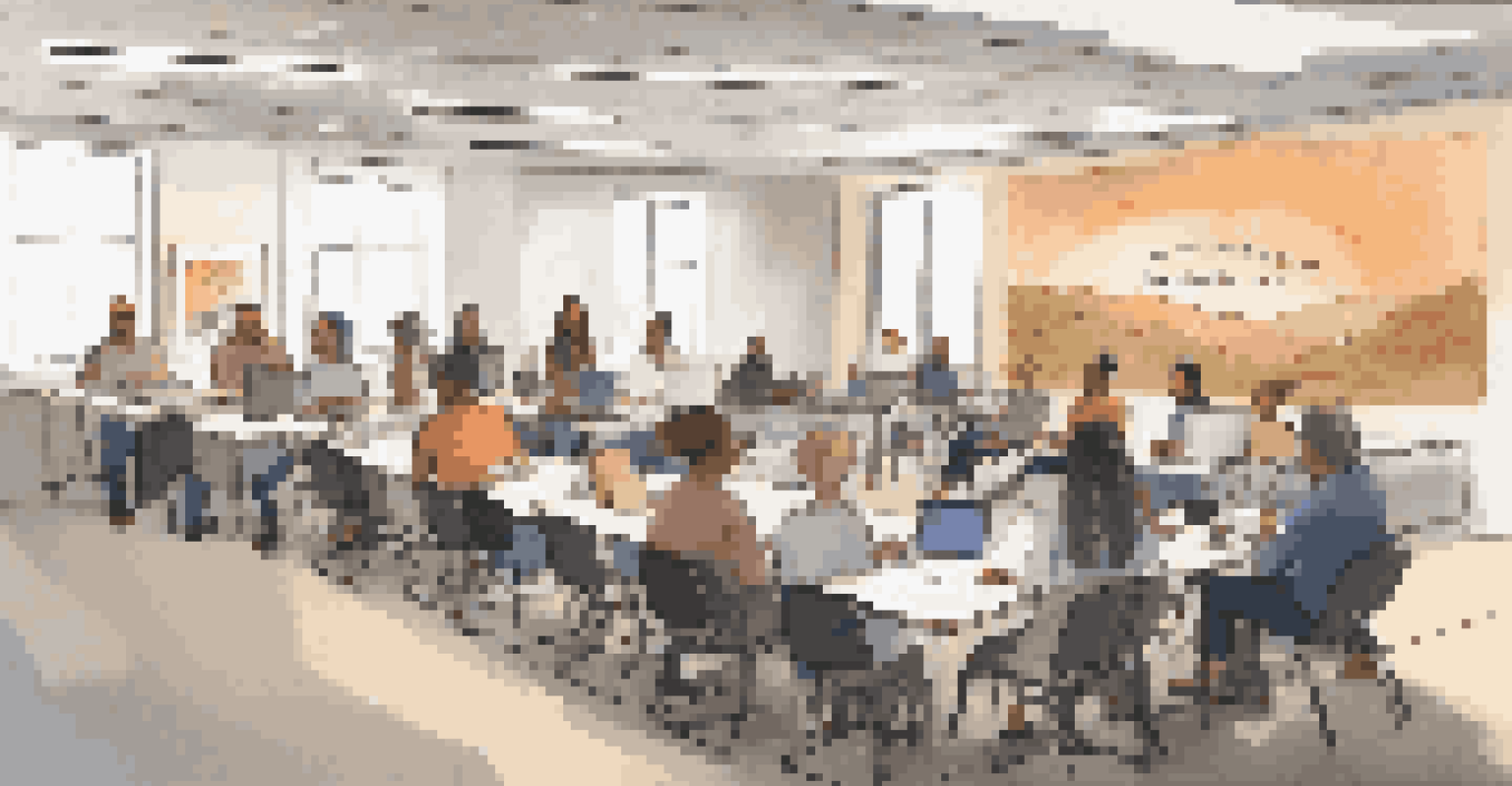 A cozy training room filled with employees engaged in a personal development workshop, featuring warm lighting and motivational posters.