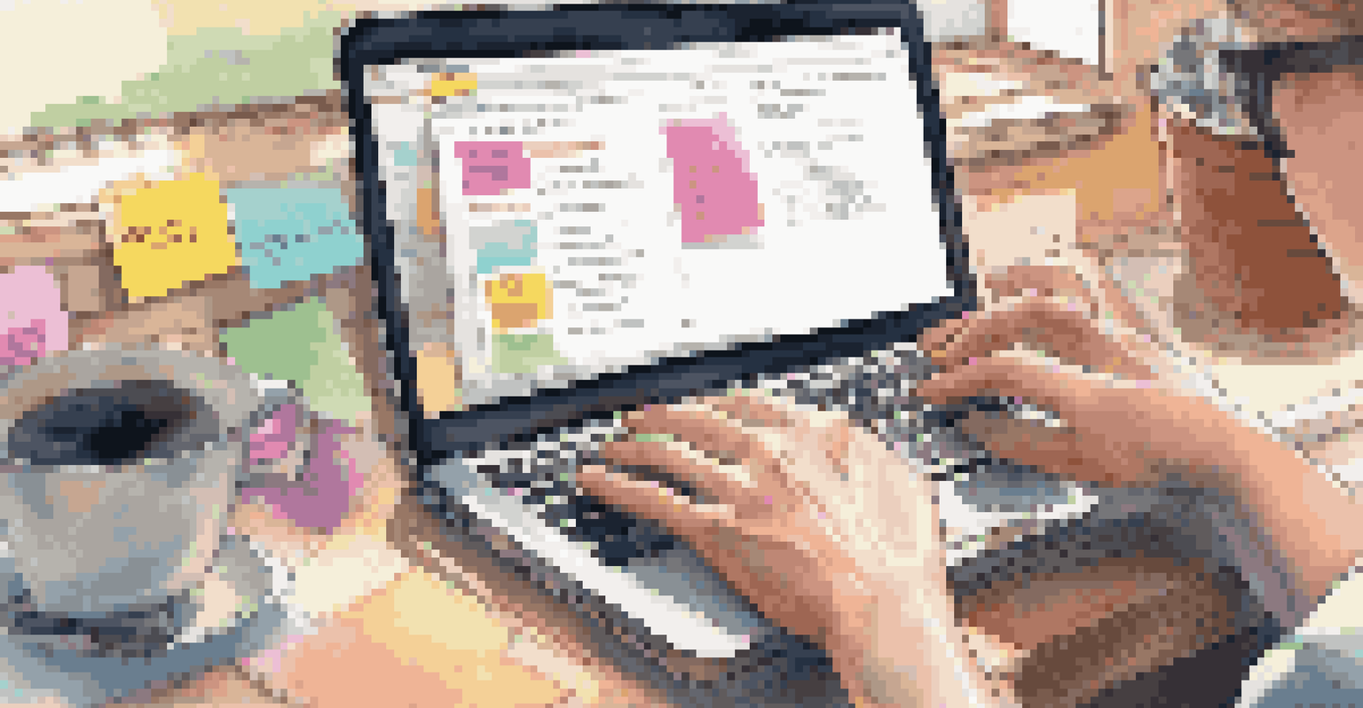 Close-up of hands typing on a laptop on a cluttered desk with sticky notes and a coffee cup, browsing volunteer opportunities online.