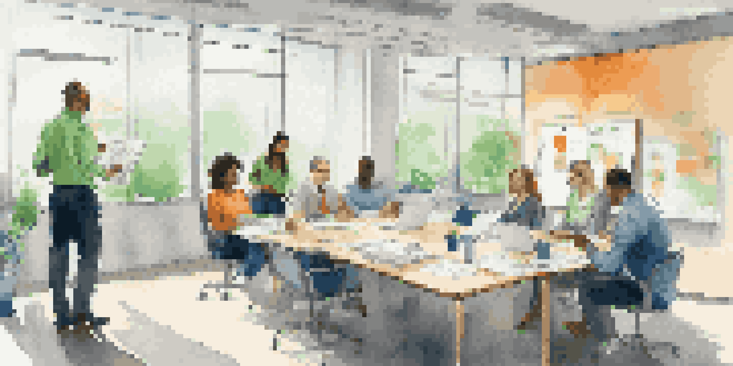 A diverse group of employees in a bright office during a feedback session, with one person presenting ideas at a whiteboard.