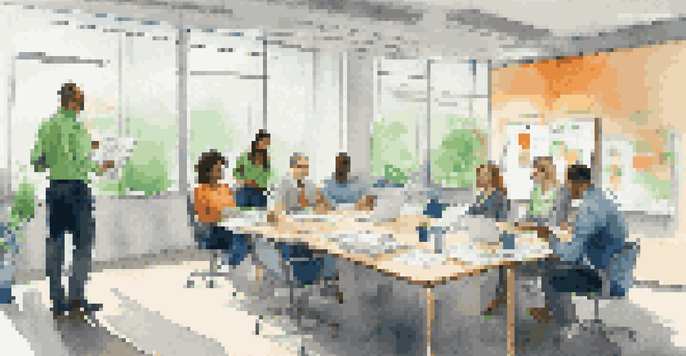 A diverse group of employees in a bright office during a feedback session, with one person presenting ideas at a whiteboard.