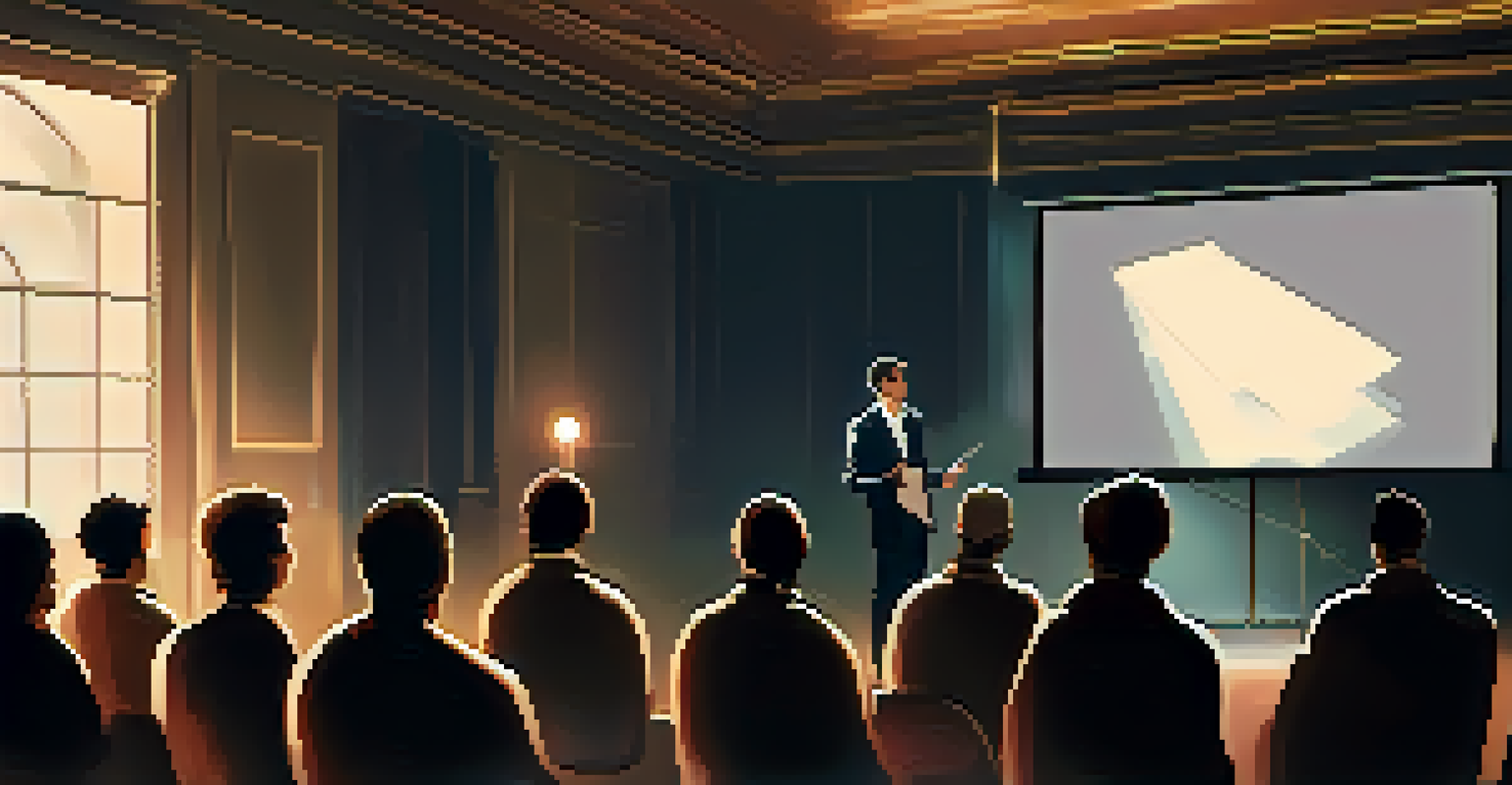 A confident presenter in front of an engaged audience, with a projector displaying key points, creating a professional atmosphere.