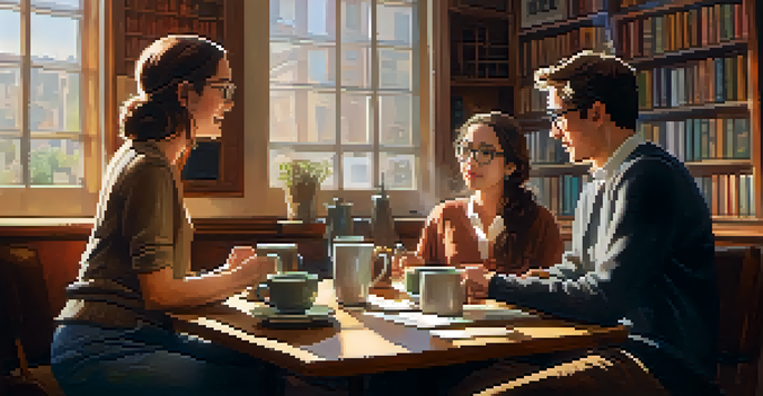 A mentor and mentee engaged in a discussion over coffee in a cozy coffee shop, with sunlight streaming through the window.