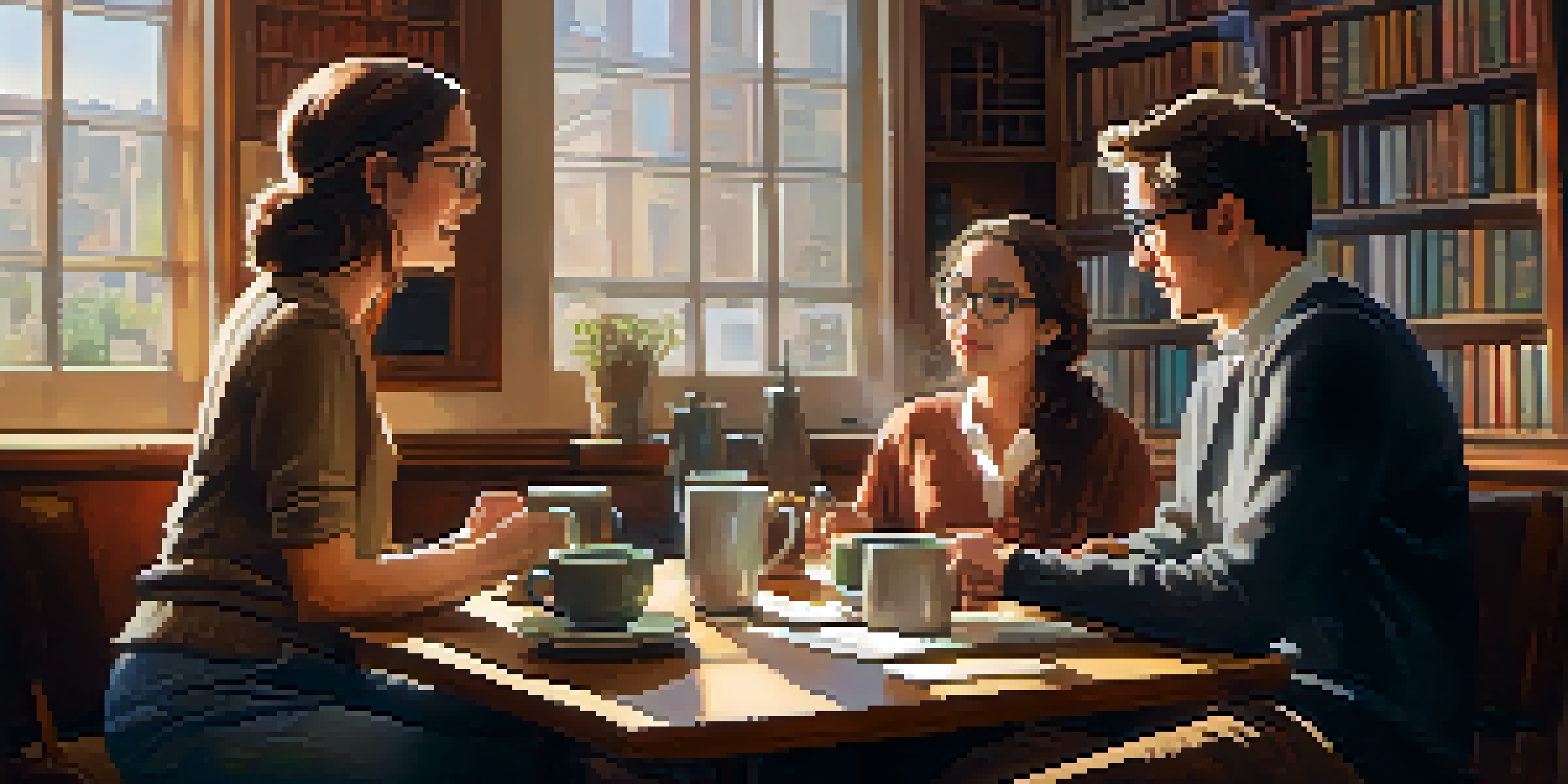 A mentor and mentee engaged in a discussion over coffee in a cozy coffee shop, with sunlight streaming through the window.