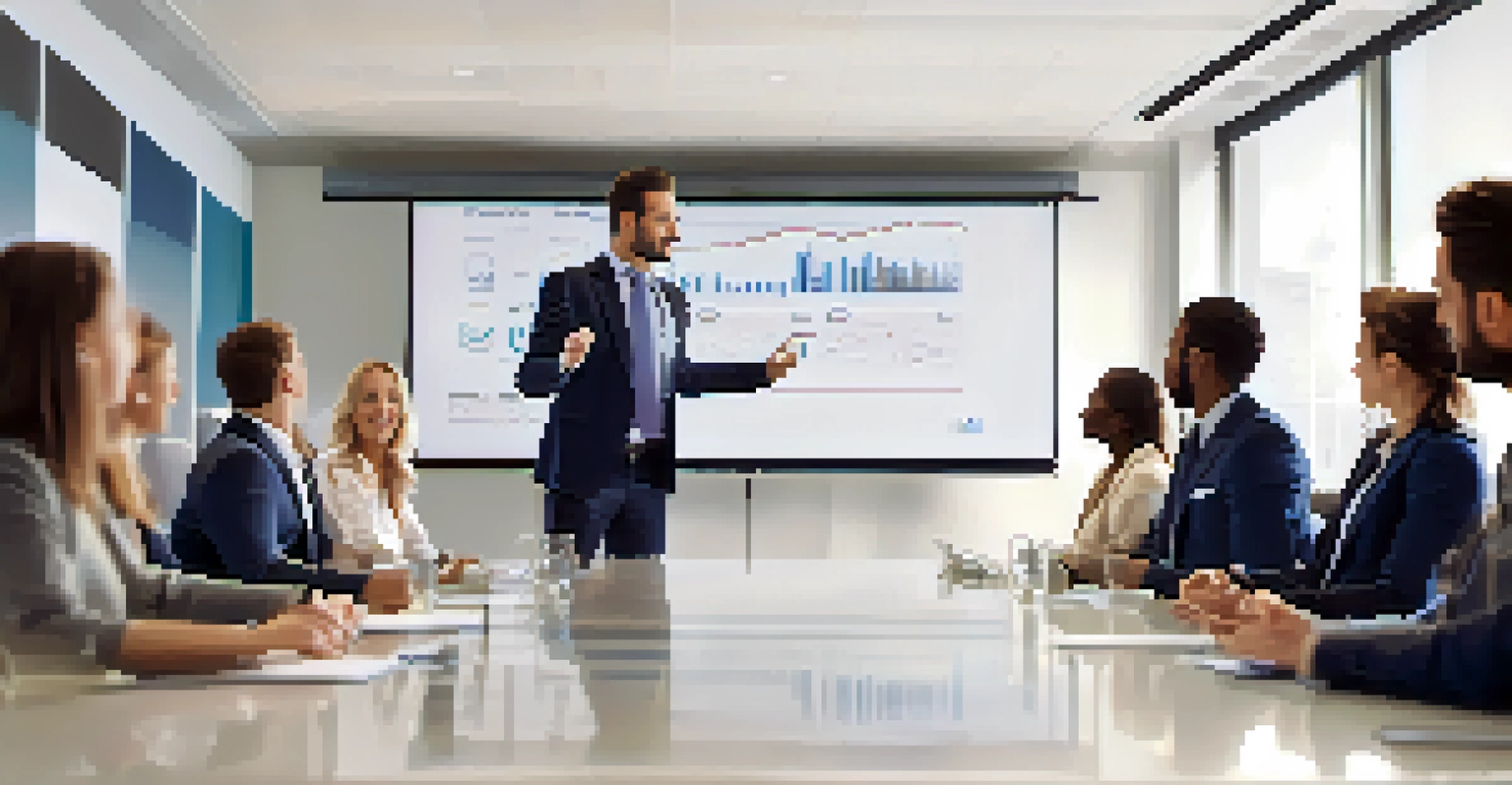 A confident leader speaking to a team in a modern meeting room, with engaged team members.