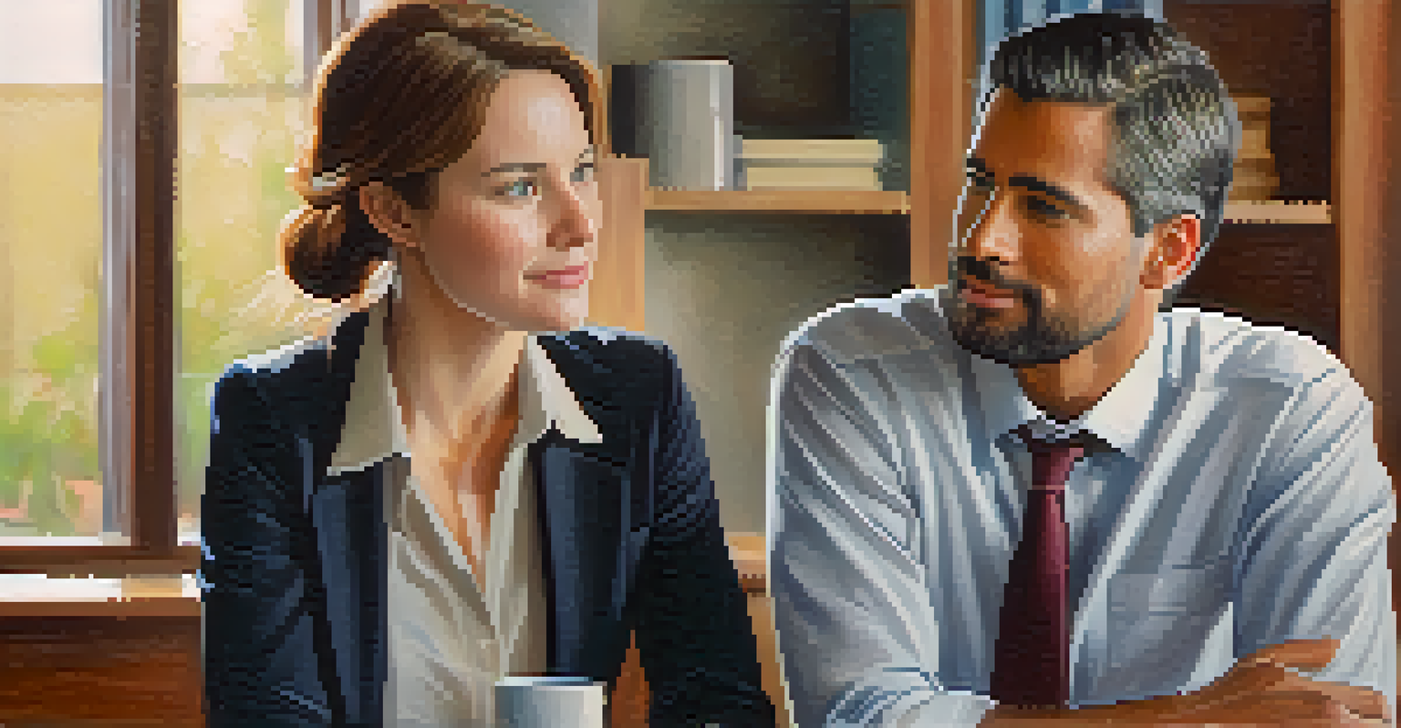 Two office workers engaged in a heartfelt conversation, one offering support to the other in a warm and inviting office environment.