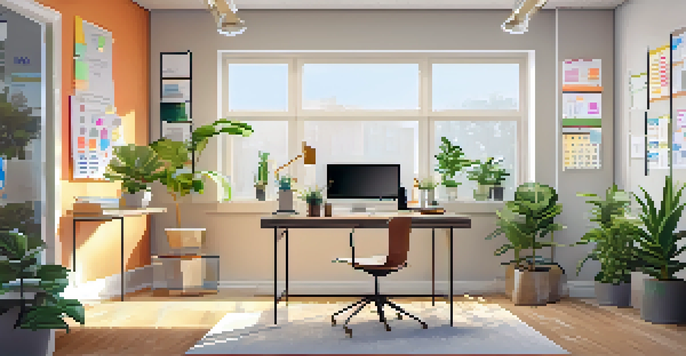 A bright and modern workspace with a desk, laptop, planner, and coffee cup, surrounded by plants and a whiteboard with colorful sticky notes.