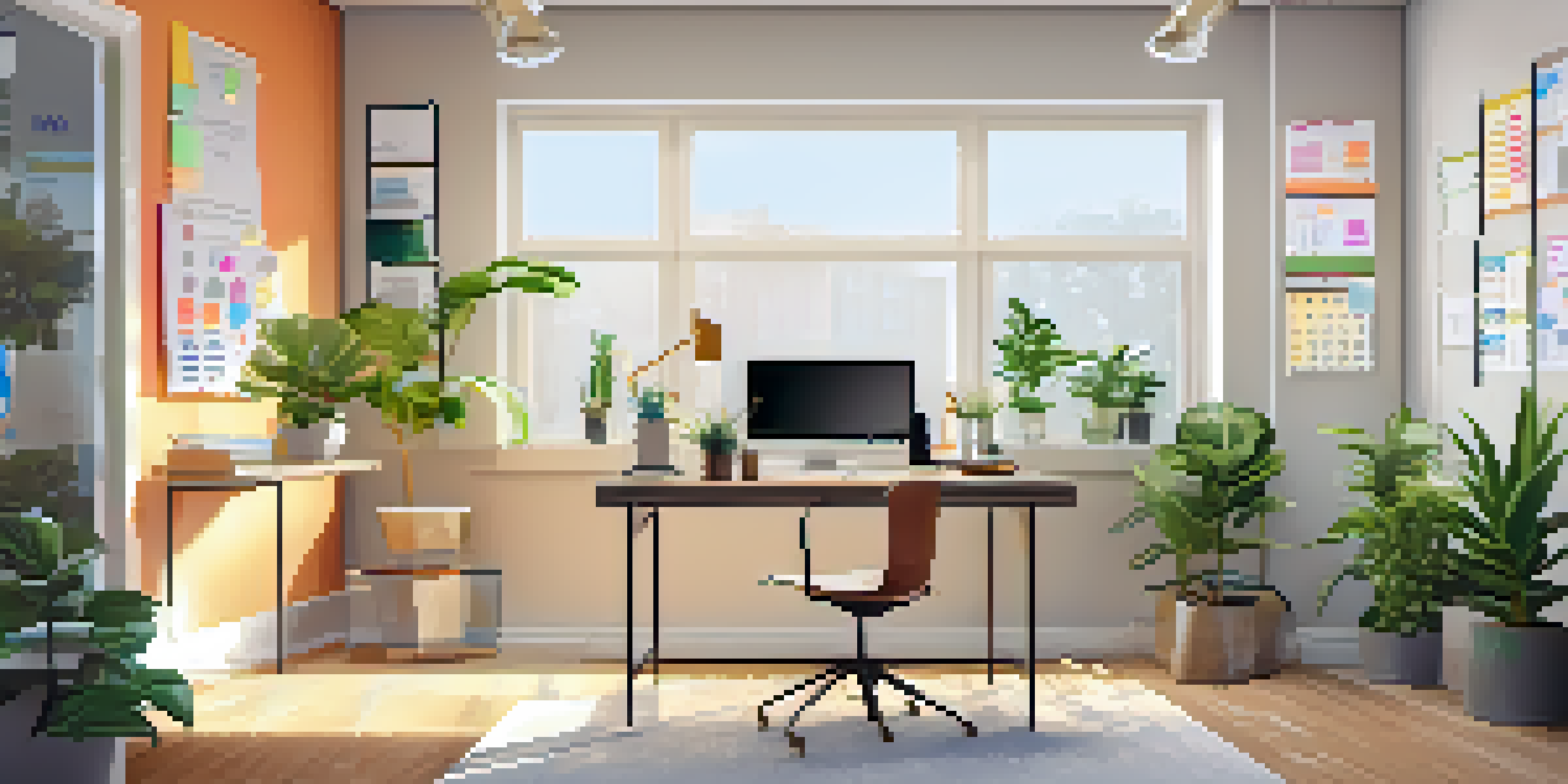 A bright and modern workspace with a desk, laptop, planner, and coffee cup, surrounded by plants and a whiteboard with colorful sticky notes.