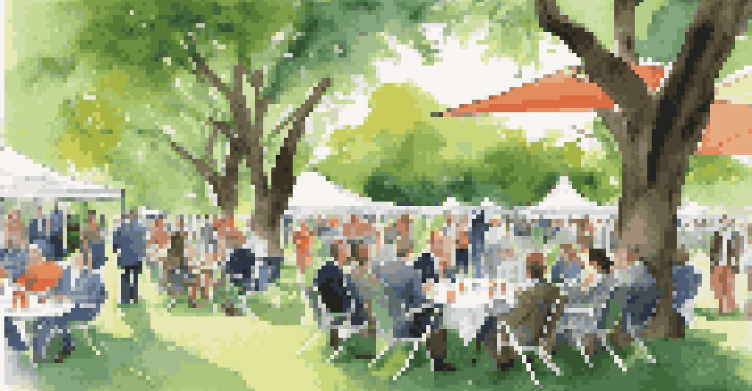 A lively outdoor networking event in a park, with professionals talking and exchanging business cards under trees.