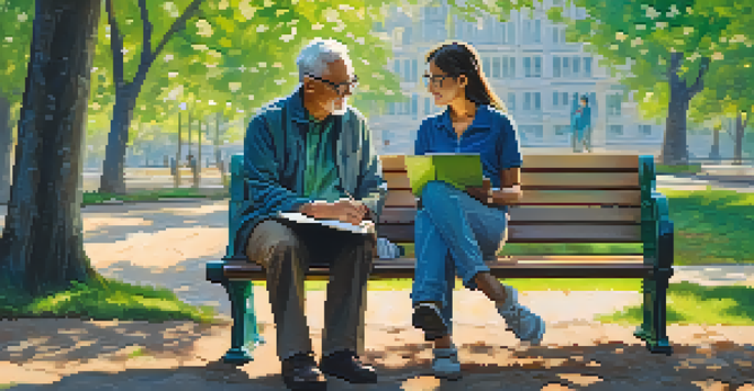 A mentor and mentee sitting on a bench in a park, discussing career guidance under the sunlight filtering through trees.