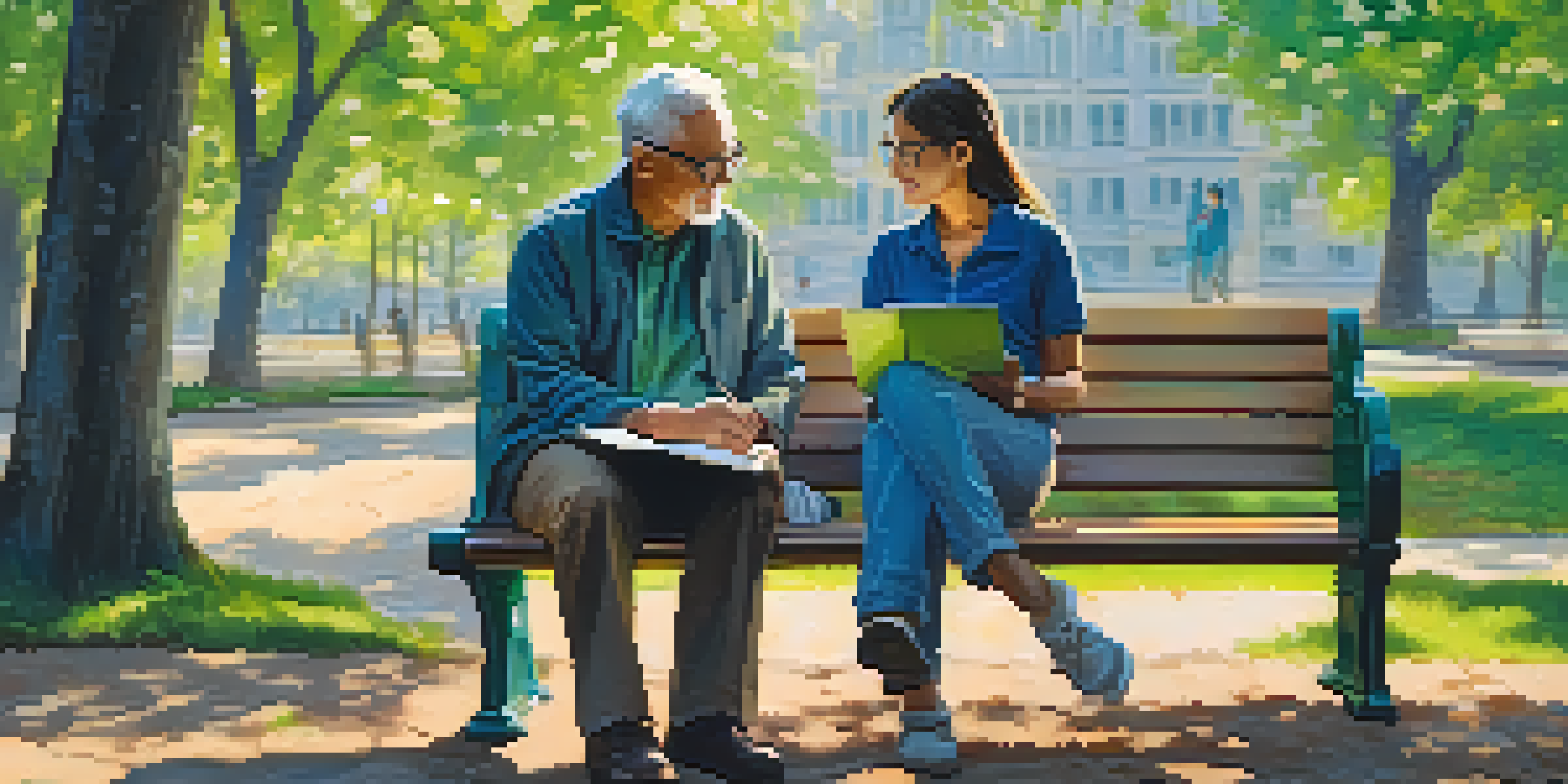 A mentor and mentee sitting on a bench in a park, discussing career guidance under the sunlight filtering through trees.