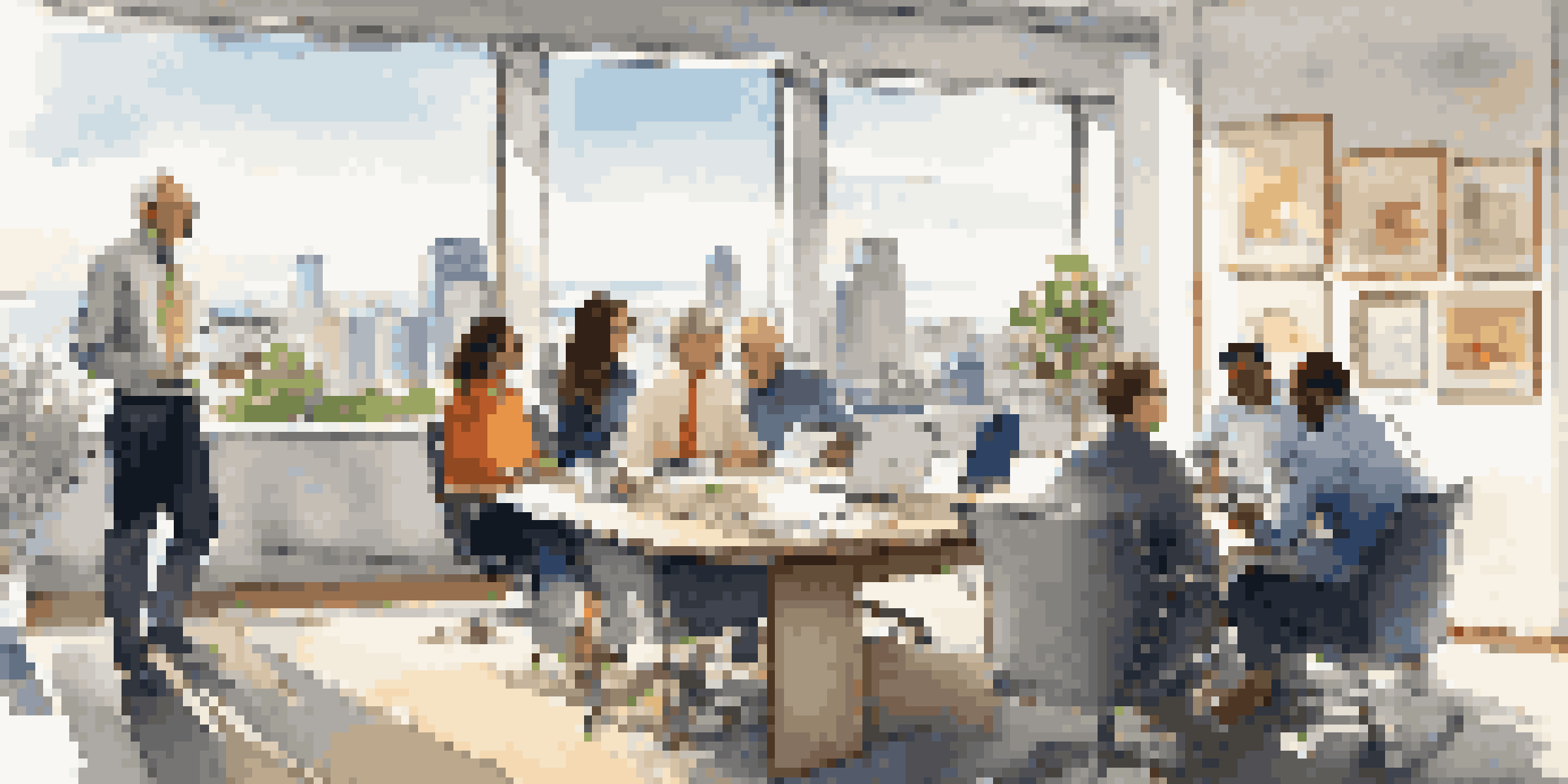 A diverse group of employees in an office discussing retirement plans with financial documents on the table.
