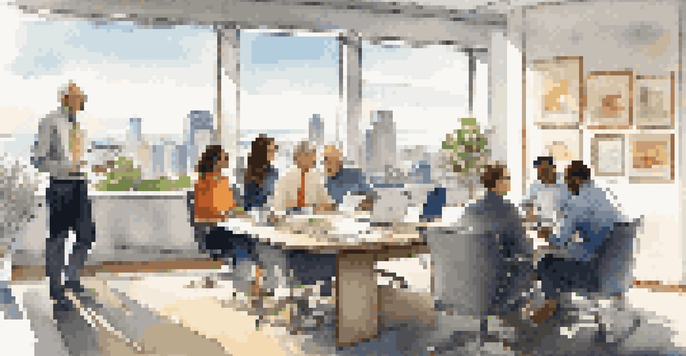 A diverse group of employees in an office discussing retirement plans with financial documents on the table.