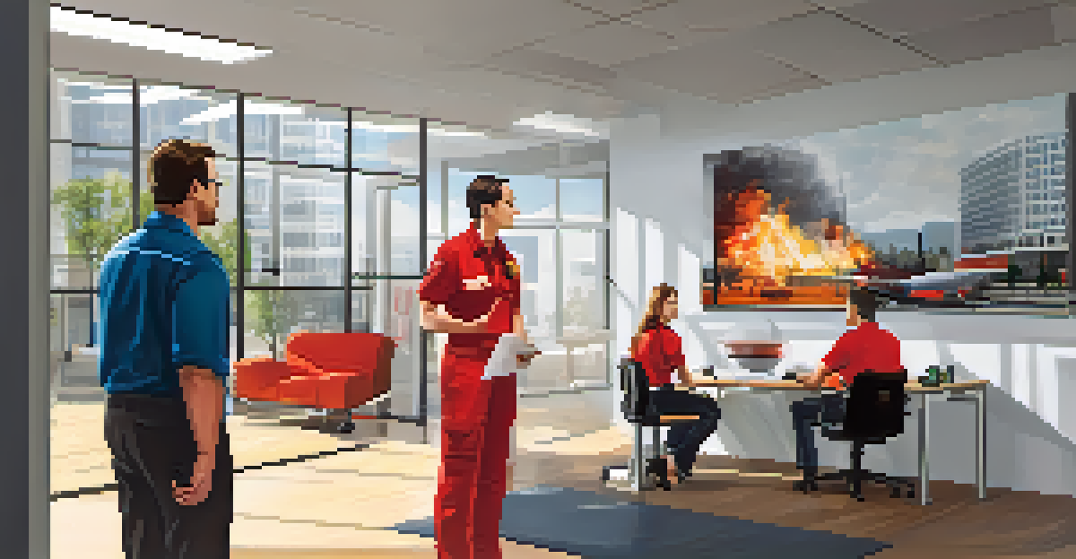An office setting showcasing an emergency response plan on the wall next to a fire extinguisher, with employees discussing safety procedures.