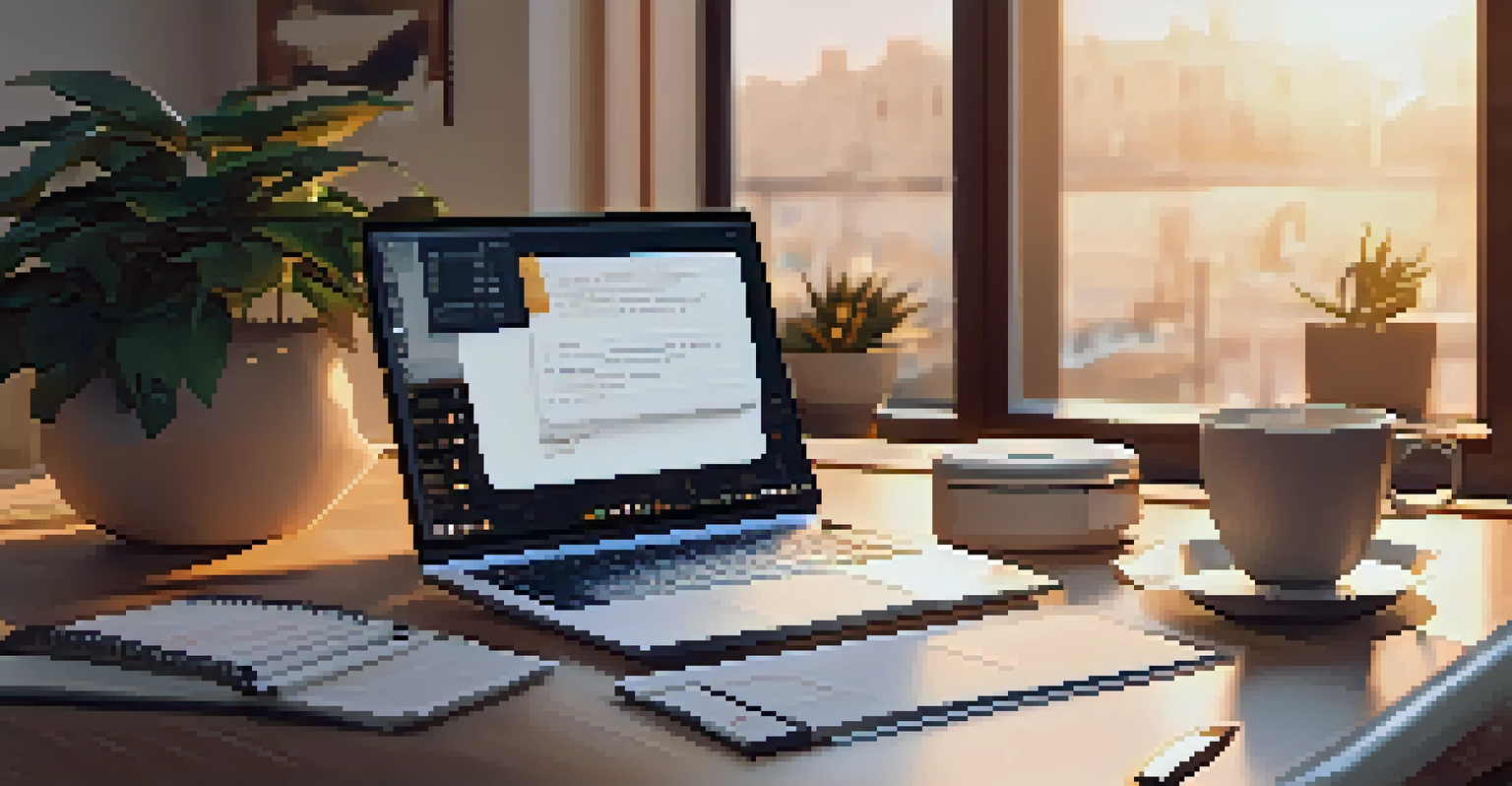 A well-arranged workspace showing a laptop with a cover letter, a coffee cup, and a notepad, all illuminated by warm golden hour light.