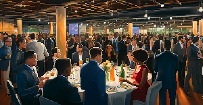 A lively networking event with diverse entrepreneurs exchanging ideas and business cards in an elegantly decorated venue.