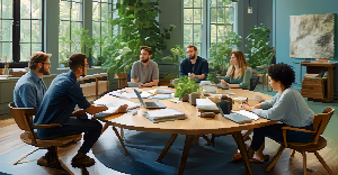 A diverse group of professionals engaged in a discussion during a workshop, seated around a table with laptops and notes, in a bright room with large windows.