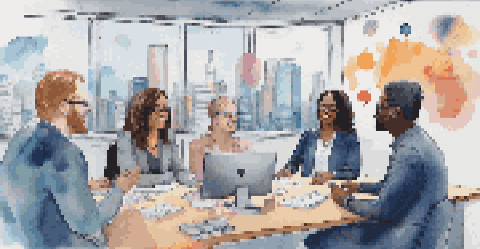 A diverse group of professionals in a video call with city skylines and home offices in the background, animated speech bubbles representing ideas.