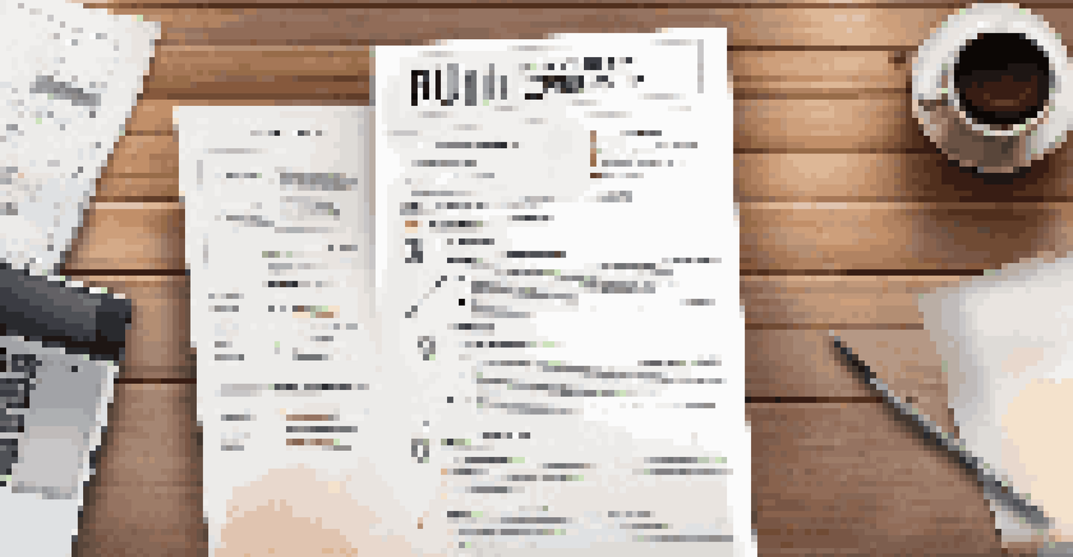 A close-up of a resume with highlighted internship experience, a pen beside it on a wooden desk with a laptop and coffee cup in the background.