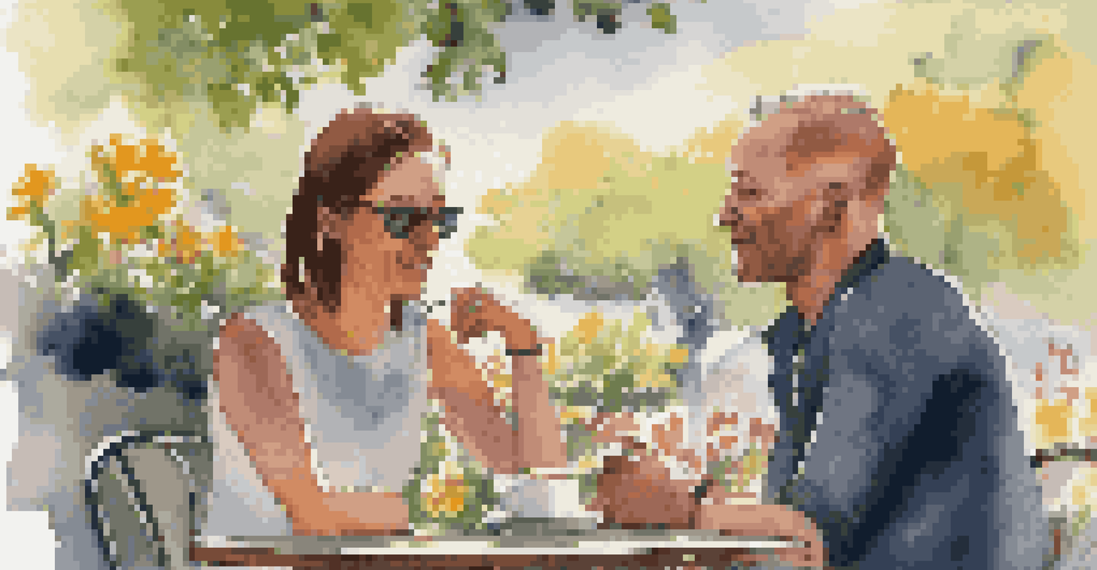 Two colleagues engaged in a conversation at an outdoor cafe, with one listening attentively while the other speaks.