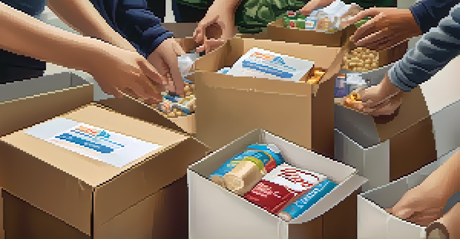 Close-up of diverse hands assembling care packages filled with food and hygiene items.