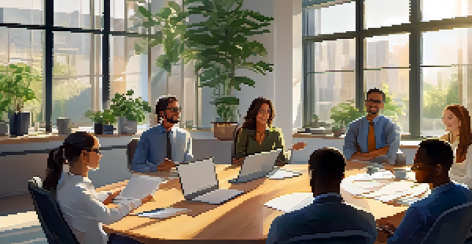 A diverse group of employees engaged in a constructive feedback session in a bright office with plants and sunlight.