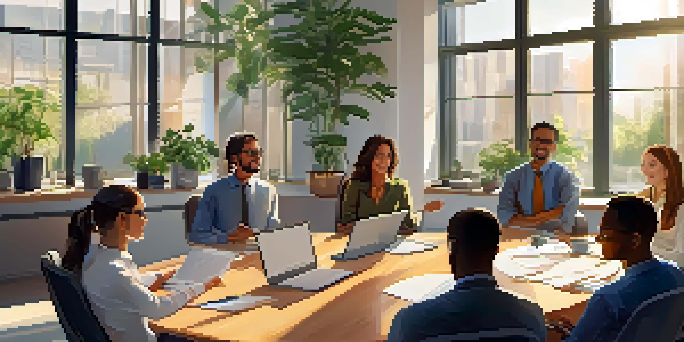 A diverse group of employees engaged in a constructive feedback session in a bright office with plants and sunlight.