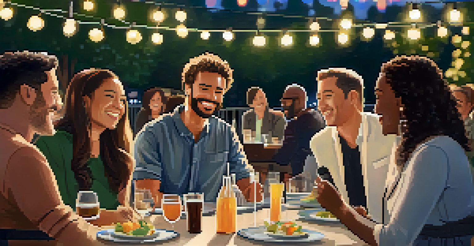 A lively outdoor networking event with diverse professionals talking, surrounded by refreshments and string lights.