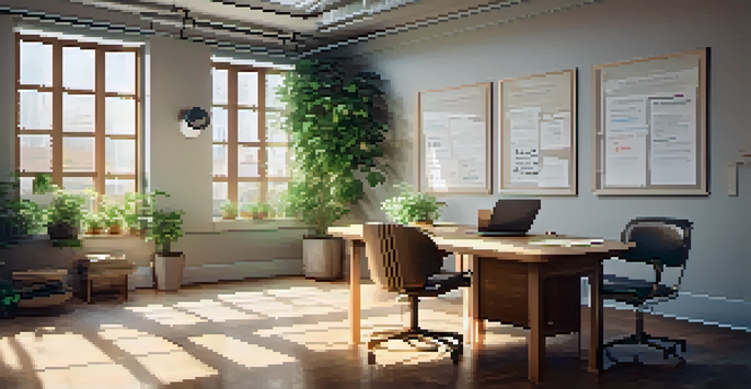 A bright and inviting office space with a round table, two chairs, a notepad, a coffee cup, and a potted plant, illuminated by natural light from a large window.