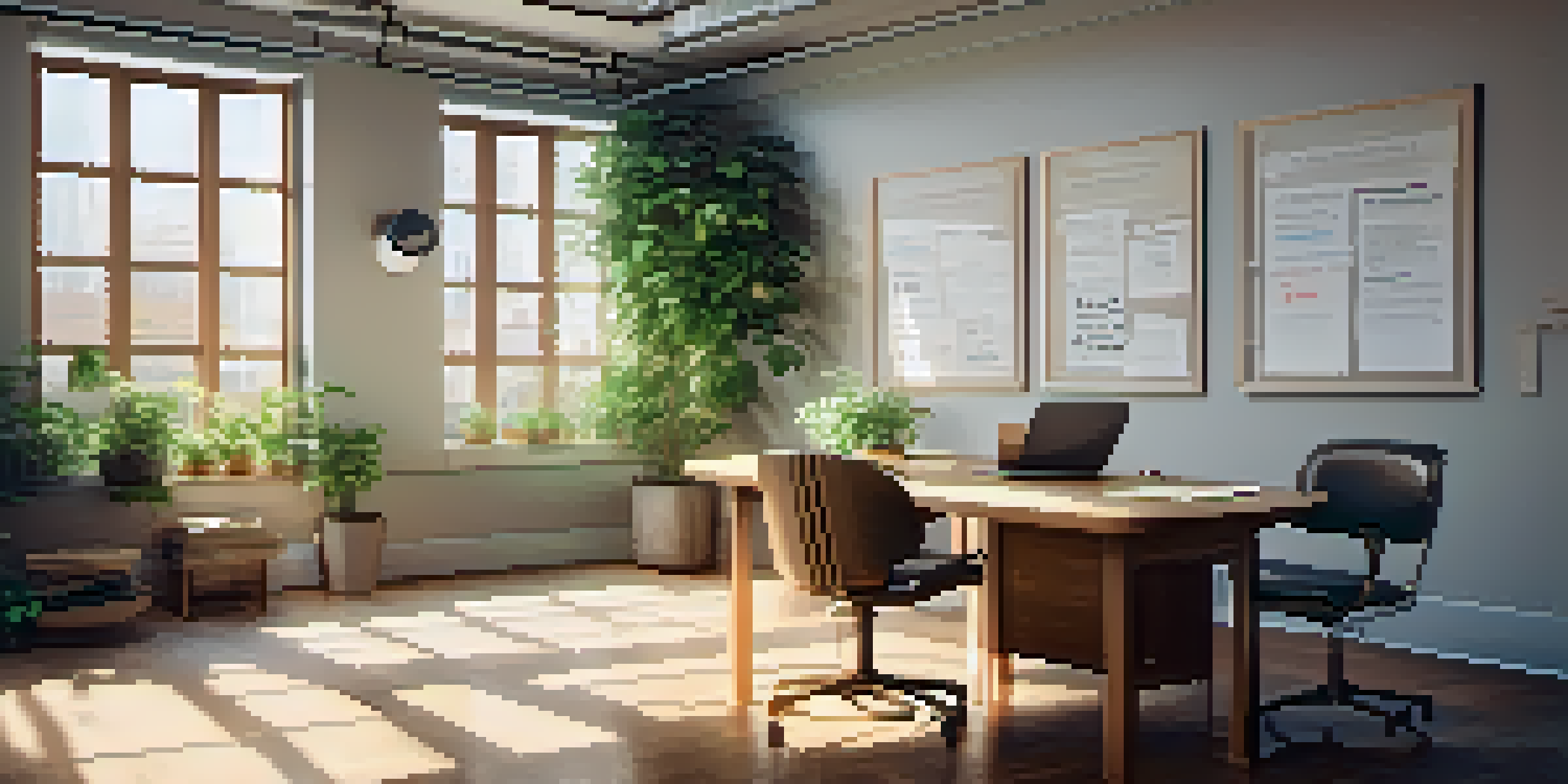 A bright and inviting office space with a round table, two chairs, a notepad, a coffee cup, and a potted plant, illuminated by natural light from a large window.