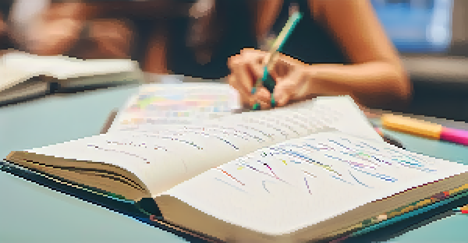 A person writing in a journal during a personal development workshop, with blurred attendees in the background.