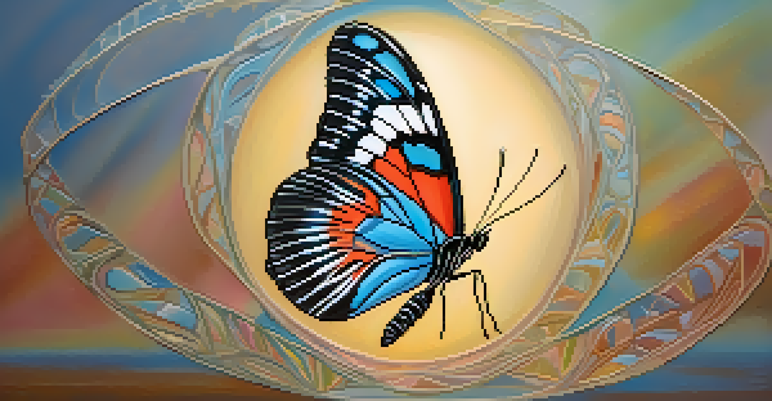 A butterfly emerging from its cocoon, with its wings partially spread, set against a soft pastel background.