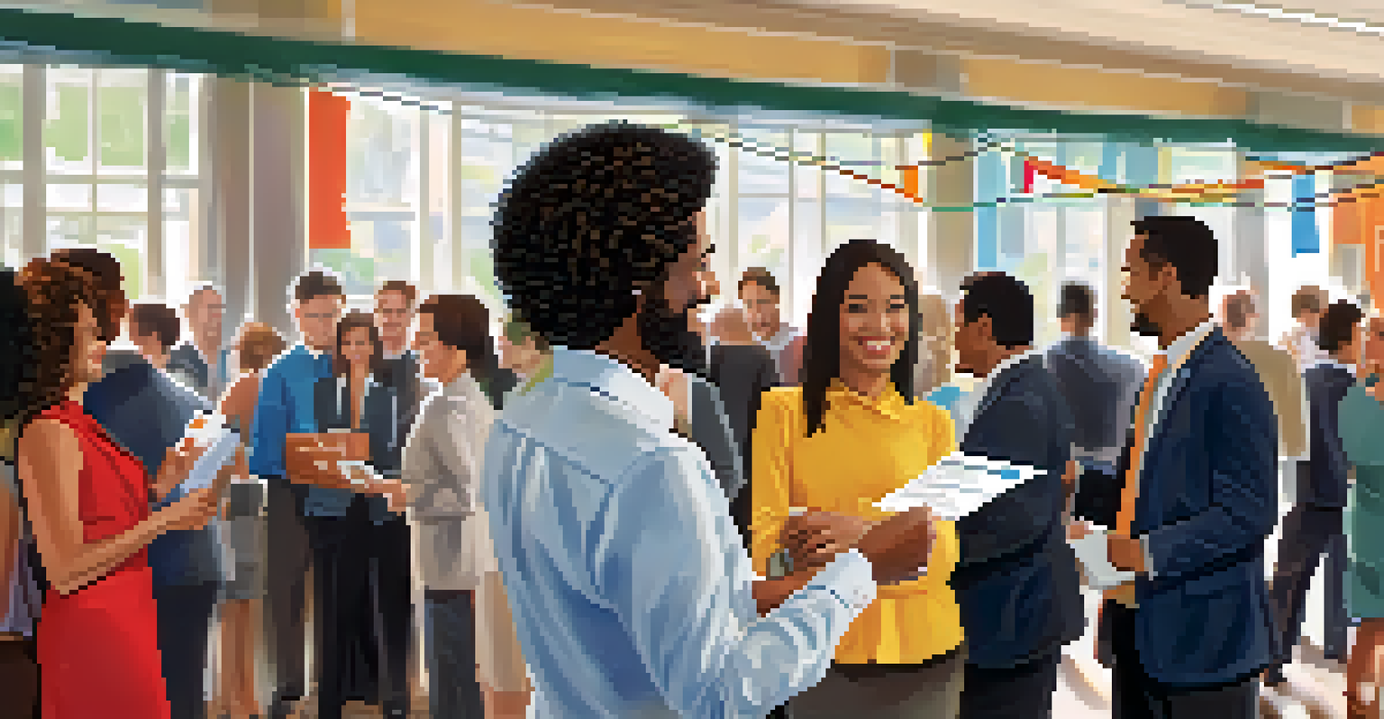 A confident individual networking at an event, smiling and shaking hands with another person in a vibrant atmosphere.