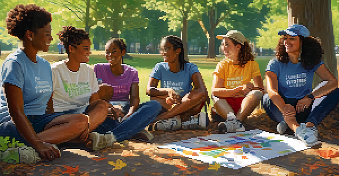 A diverse group of volunteers working together outdoors on a community project, with bright t-shirts and sunlight filtering through the trees.