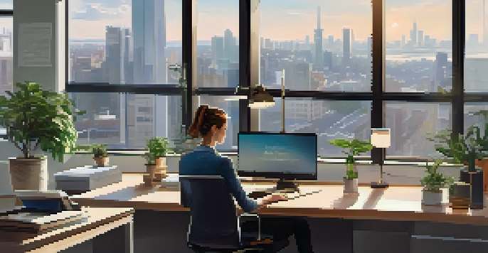 A person working in a bright office with a city view, surrounded by plants and motivational decor.