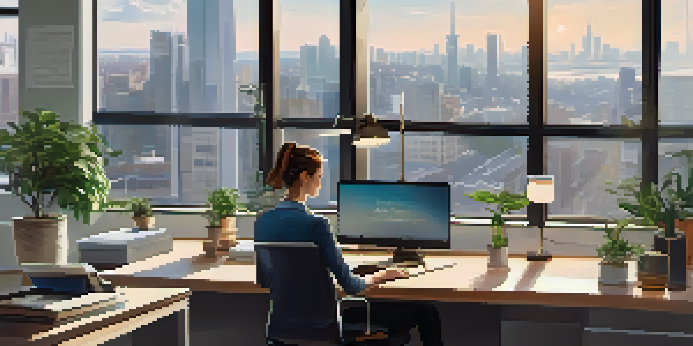 A person working in a bright office with a city view, surrounded by plants and motivational decor.