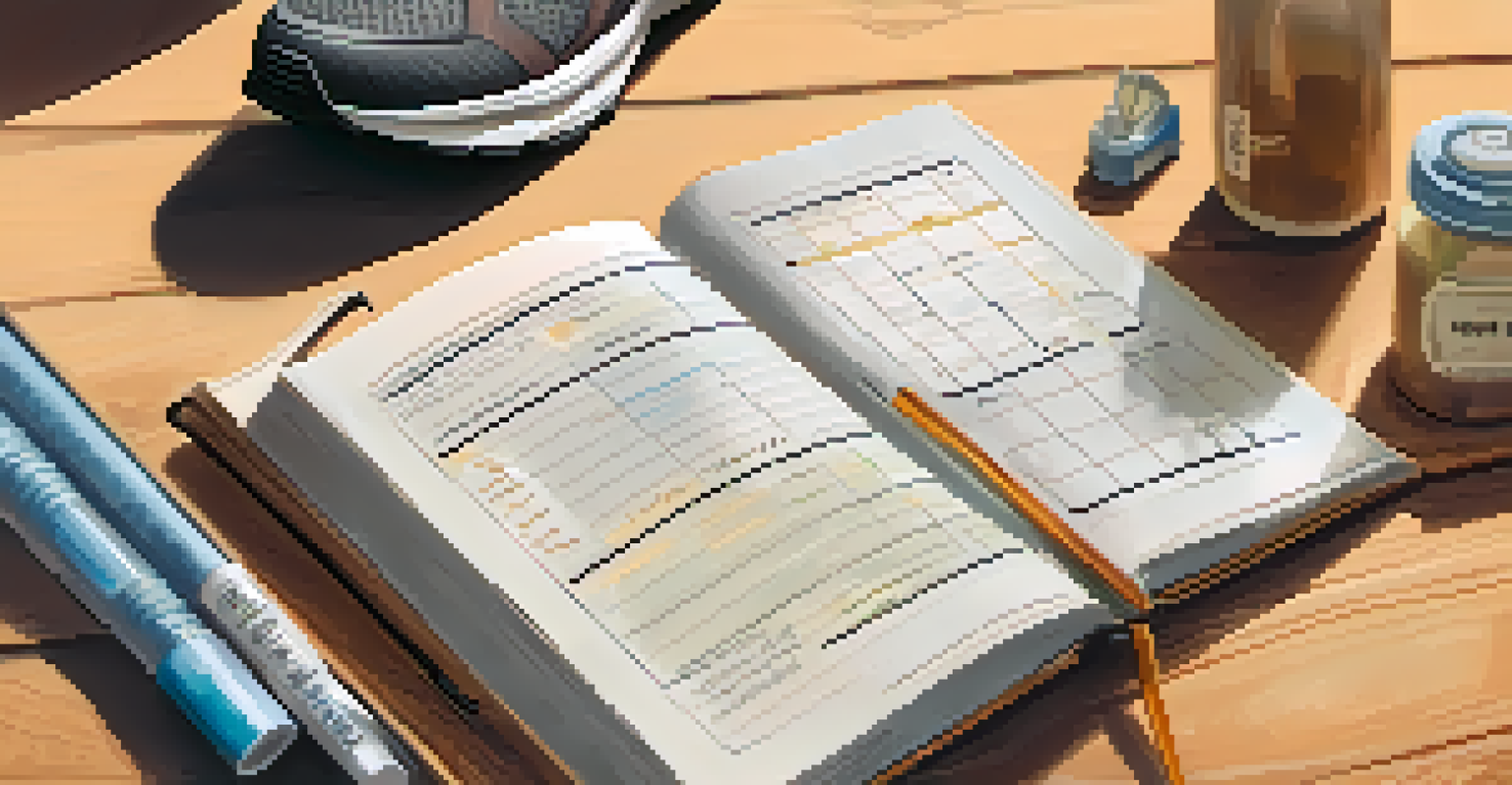 A close-up of a fitness journal with notes and a water bottle next to running shoes, set on a wooden table with warm lighting.