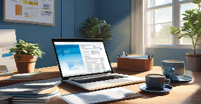 A bright office workspace with a laptop displaying a skills development plan, a potted plant, and a coffee cup under sunlight.