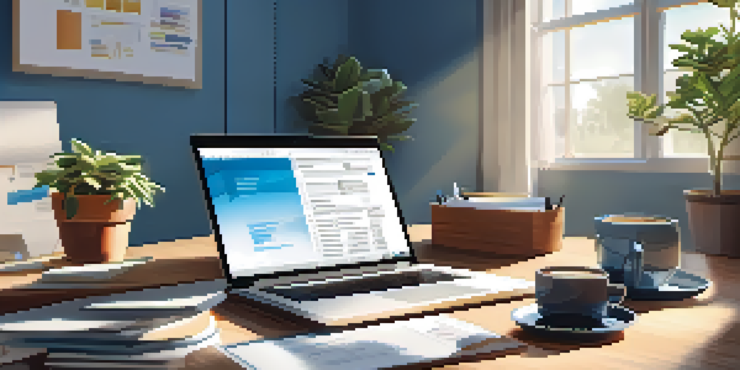 A bright office workspace with a laptop displaying a skills development plan, a potted plant, and a coffee cup under sunlight.