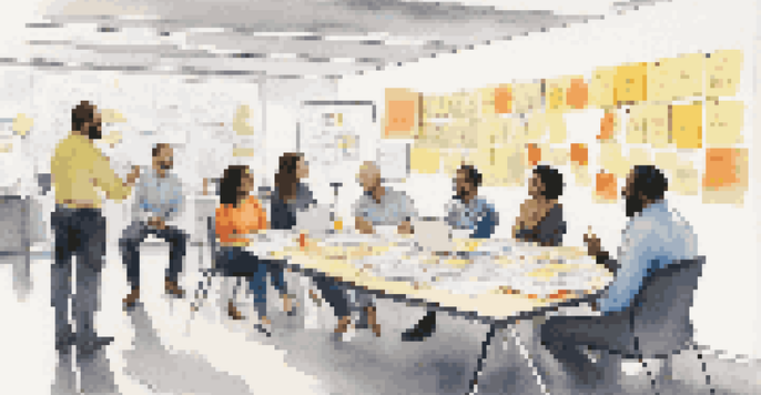 A group of diverse professionals discussing ideas in a brightly lit meeting room with whiteboards and colorful notes.