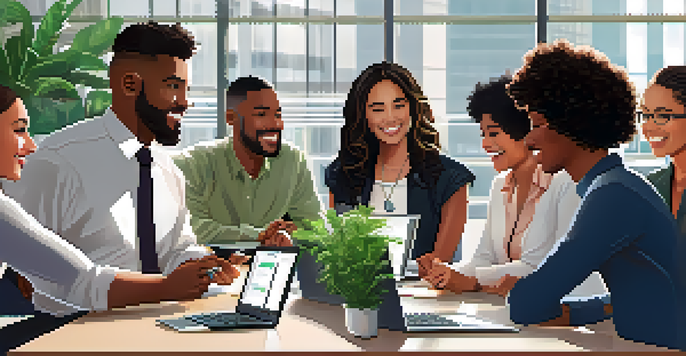 A diverse group of employees discussing around a conference table in a bright office with plants in the background.