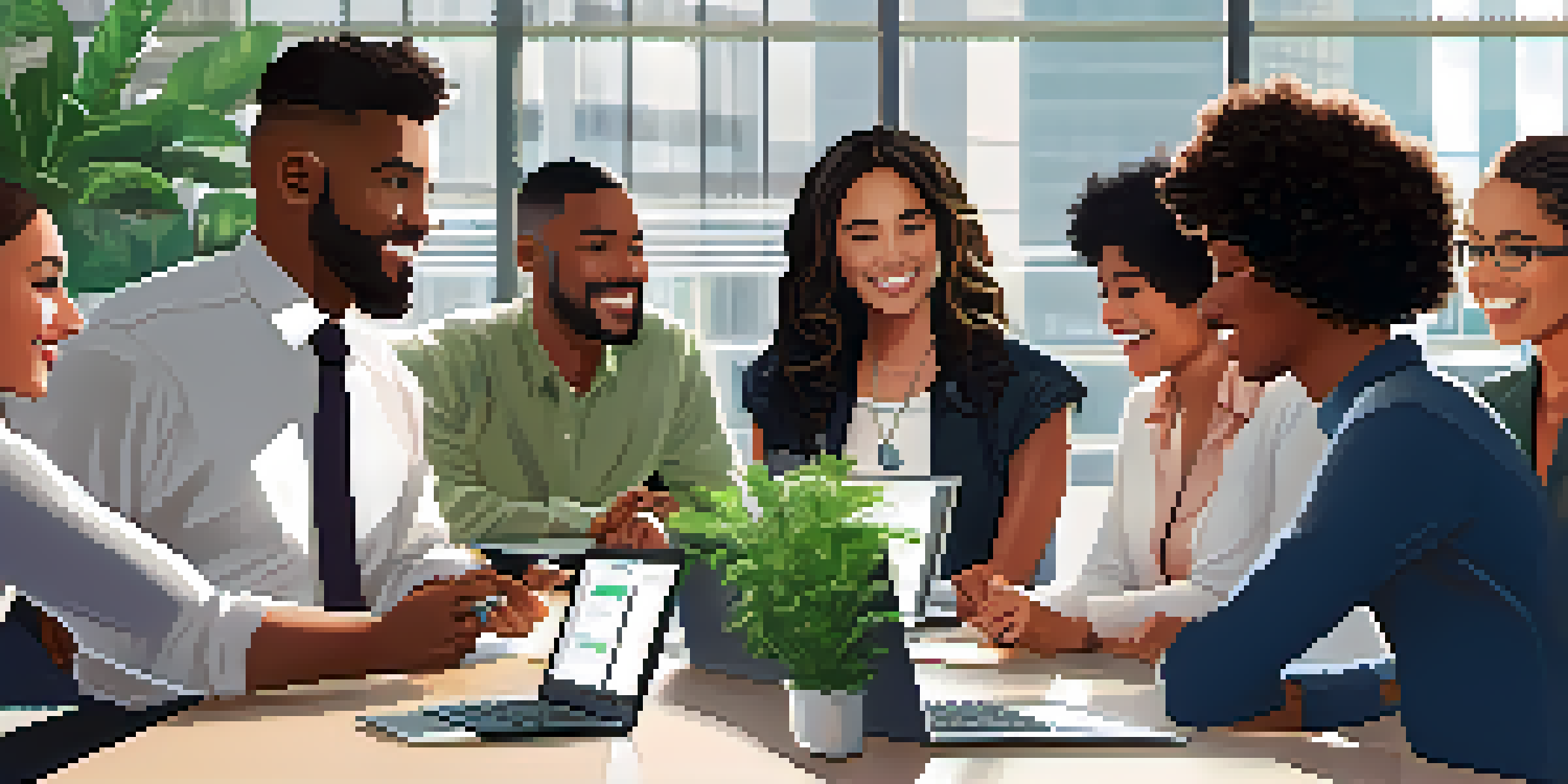 A diverse group of employees discussing around a conference table in a bright office with plants in the background.